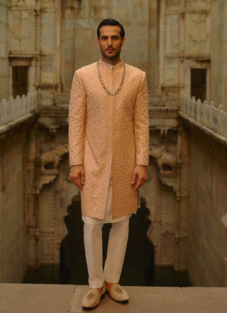 Peach geometric sherwani with kurta & trouser set