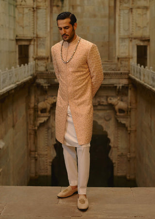 Peach geometric sherwani with kurta & trouser set