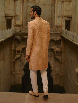 Peach geometric sherwani with kurta & trouser set