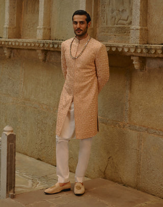 Peach geometric sherwani with kurta & trouser set