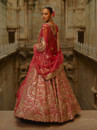 Rust mirror work lehenga set