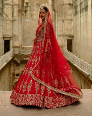 Red satin silk lehenga set