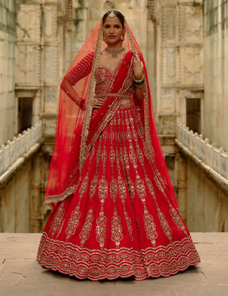 Red satin silk lehenga set