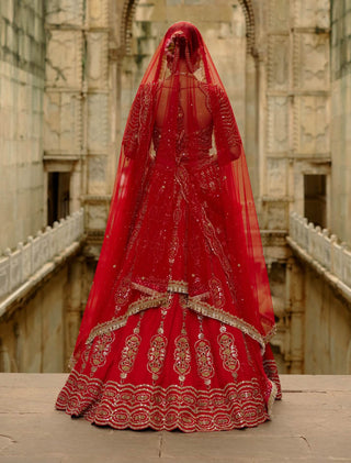 Red satin silk lehenga set