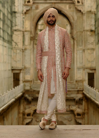 Pink salmon matka sherwani with beige kurta churidar set