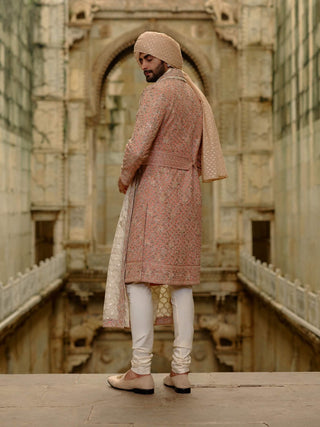 Pink salmon matka sherwani with beige kurta churidar set