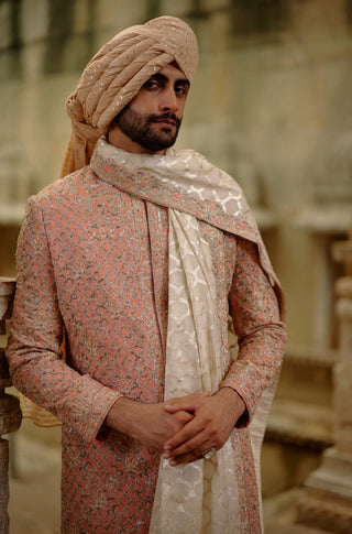 Pink salmon matka sherwani with beige kurta churidar set
