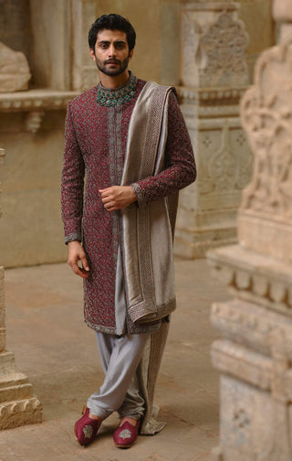 Burgundy raw silk sherwani set