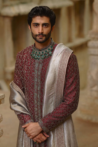 Burgundy raw silk sherwani set