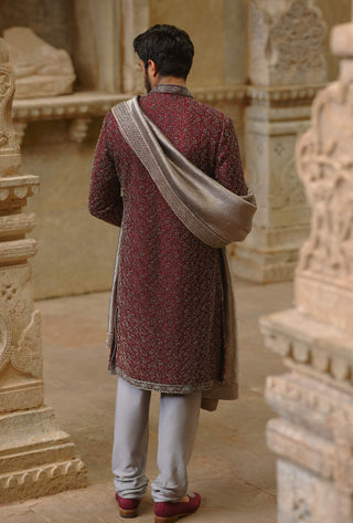 Burgundy raw silk sherwani set