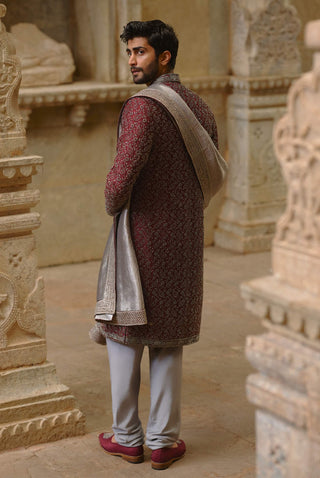 Burgundy raw silk sherwani set