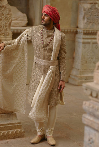 Gold twill woven sherwani gold embroidery
