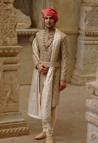 Gold twill woven sherwani gold embroidery