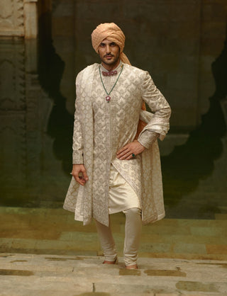 Ivory tafetta silk dabka jaal sherwani set