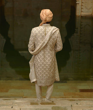 Ivory tafetta silk dabka jaal sherwani set
