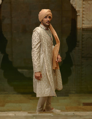 Ivory tafetta silk dabka jaal sherwani set