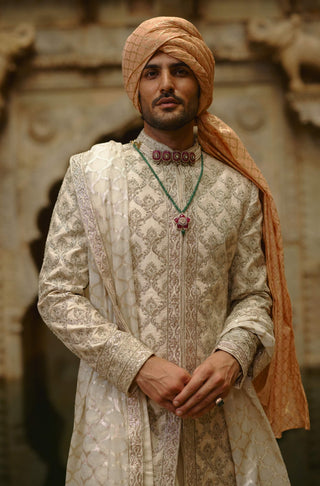 Ivory tafetta silk dabka jaal sherwani set