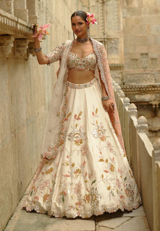 Cream raw silk gota lehenga set