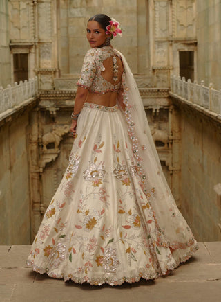 Cream raw silk gota lehenga set