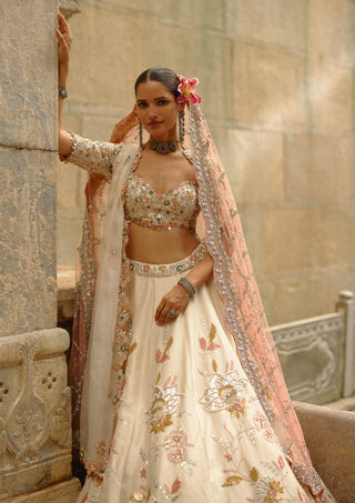 Cream raw silk gota lehenga set