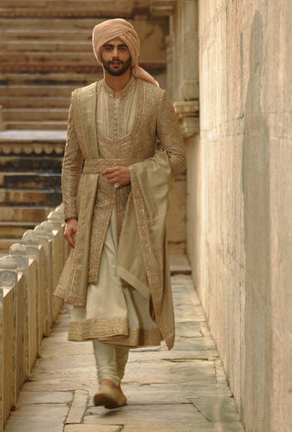 Olive green raw silk sherwani with choga set