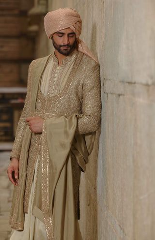 Olive green raw silk sherwani with choga set