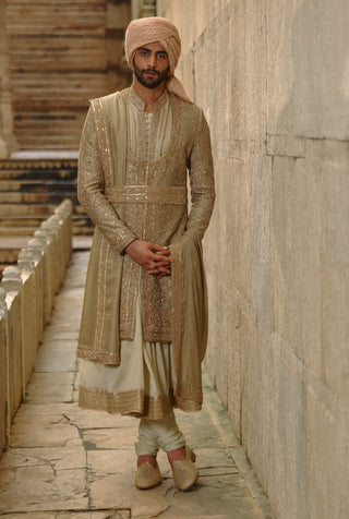 Olive green raw silk sherwani with choga set