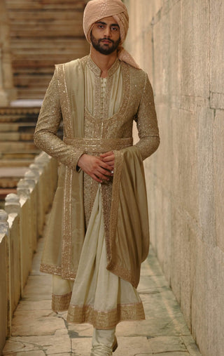 Olive green raw silk sherwani with choga set