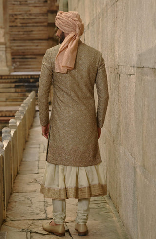 Olive green raw silk sherwani with choga set