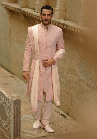 Blush pink tafetta silk sherwani set