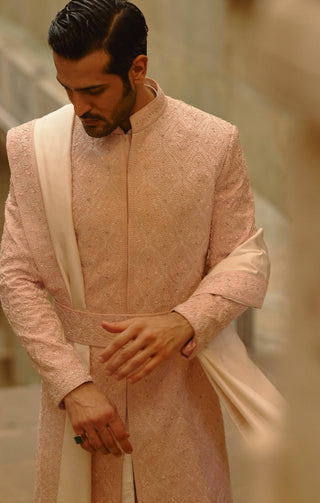 Blush pink tafetta silk sherwani set