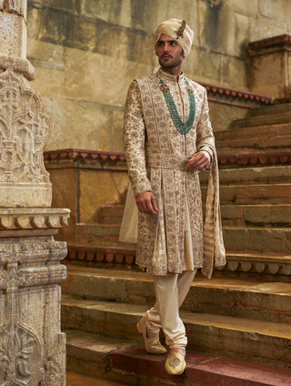 Cream taffeta sherwani applique and zardozi jaal set