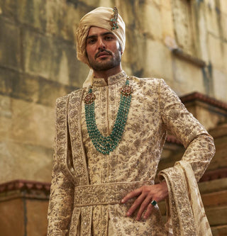 Cream taffeta sherwani applique and zardozi jaal set