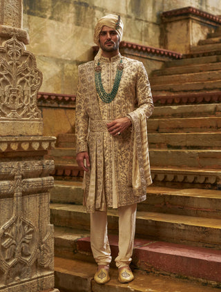 Cream taffeta sherwani applique and zardozi jaal set