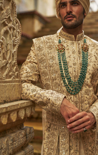 Cream taffeta sherwani applique and zardozi jaal set