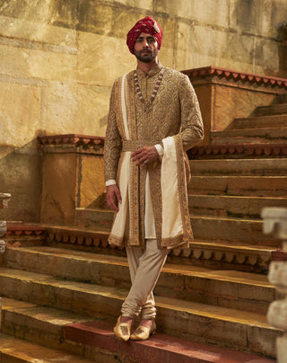 Gold dupion silk sherwani set