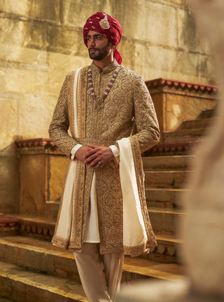 Gold dupion silk sherwani set