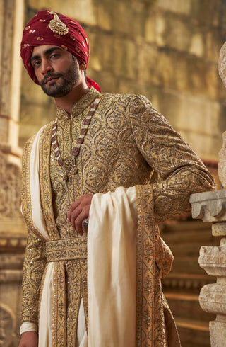 Gold dupion silk sherwani set