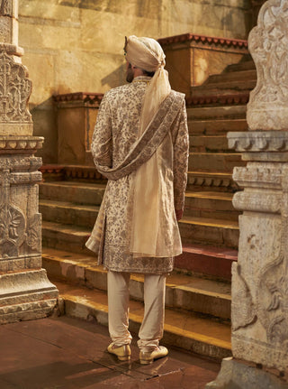 Cream taffeta sherwani applique and zardozi jaal set