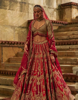 Red maroon raw silk lehenga set