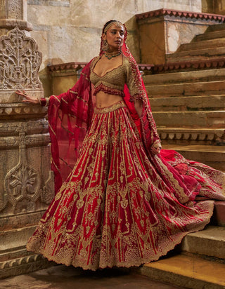 Red maroon raw silk lehenga set