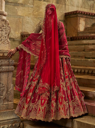 Red maroon raw silk lehenga set