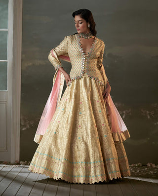 Nitika Gujral Gold Woven Benarsi Silk Lehenga Set available on indiaspopup