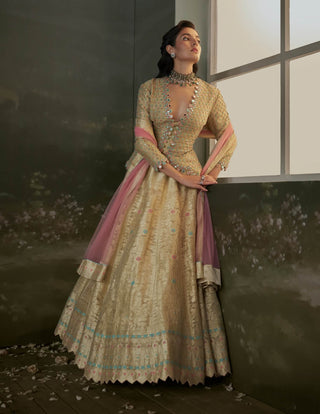 Nitika Gujral Gold Woven Benarsi Silk Lehenga Set available on indiaspopup