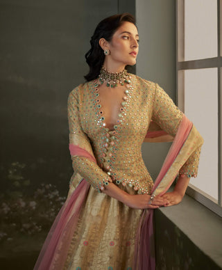 Nitika Gujral Gold Woven Benarsi Silk Lehenga Set available on indiaspopup