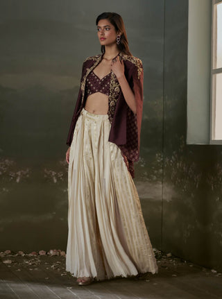 Nitika Gujral Burgundy Cape And Pleated Sharara Set available on indiaspopup