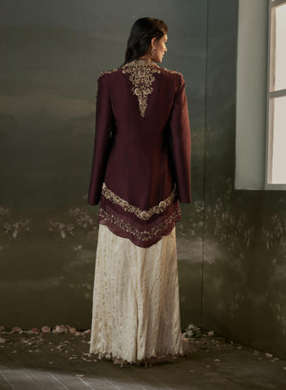 Nitika Gujral Burgundy Cape And Pleated Sharara Set available on indiaspopup