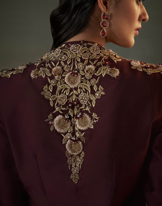 Nitika Gujral Burgundy Cape And Pleated Sharara Set available on indiaspopup