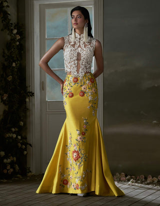 Nitika Gujral Yellow Skirt And Ivory Corset Top available on indiaspopup