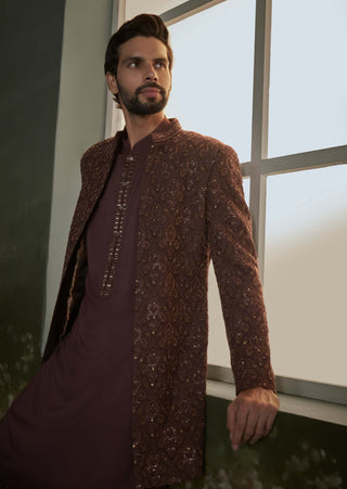 Nitika Gujral Men Chocolate Brown Embroidered Short Sherwani Jacket Set available on indiaspopup